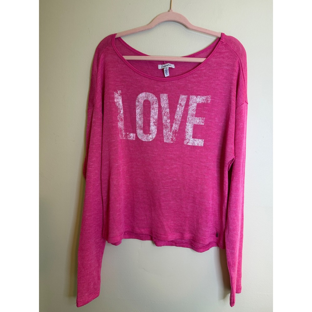 Aeropostale Womens XXL Tall HOT Pink LOVE Open Knit Sweater Y2K 2000s
